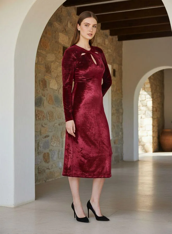 مرفوعة Women Fitted Solid Round Neck Full Sleeves Bodycon Dress